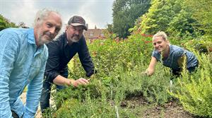 Dr Simon Charlesworth, William Dyson and Kristyna Kay-Clough at Great Comp Garden with the National Collection of Rosemarys
